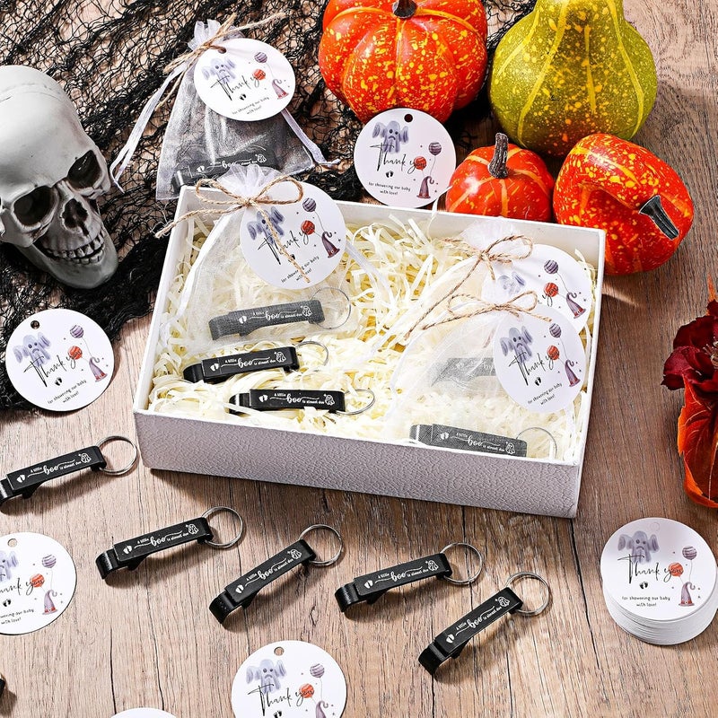 Ecation 50 Sets Halloween Baby Shower Favors for Guests 50 Bottle Openers 50 Thank Tags 50 Organza Bags with Twine Return Gift for Halloween Gender Reveal Party Girl Boy(A Little Boo) - Image 4